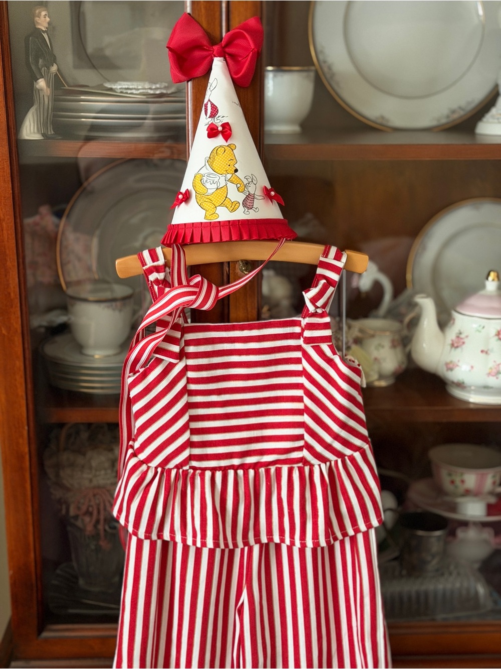 Red/White Striped Girls' birthday outfit with handmade Winnie the Pooh Party hat